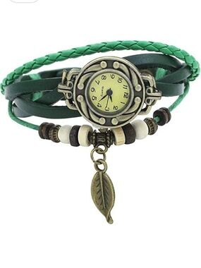 Vintage-Inspired Green Braided Leather Wrap Watch Bracelet